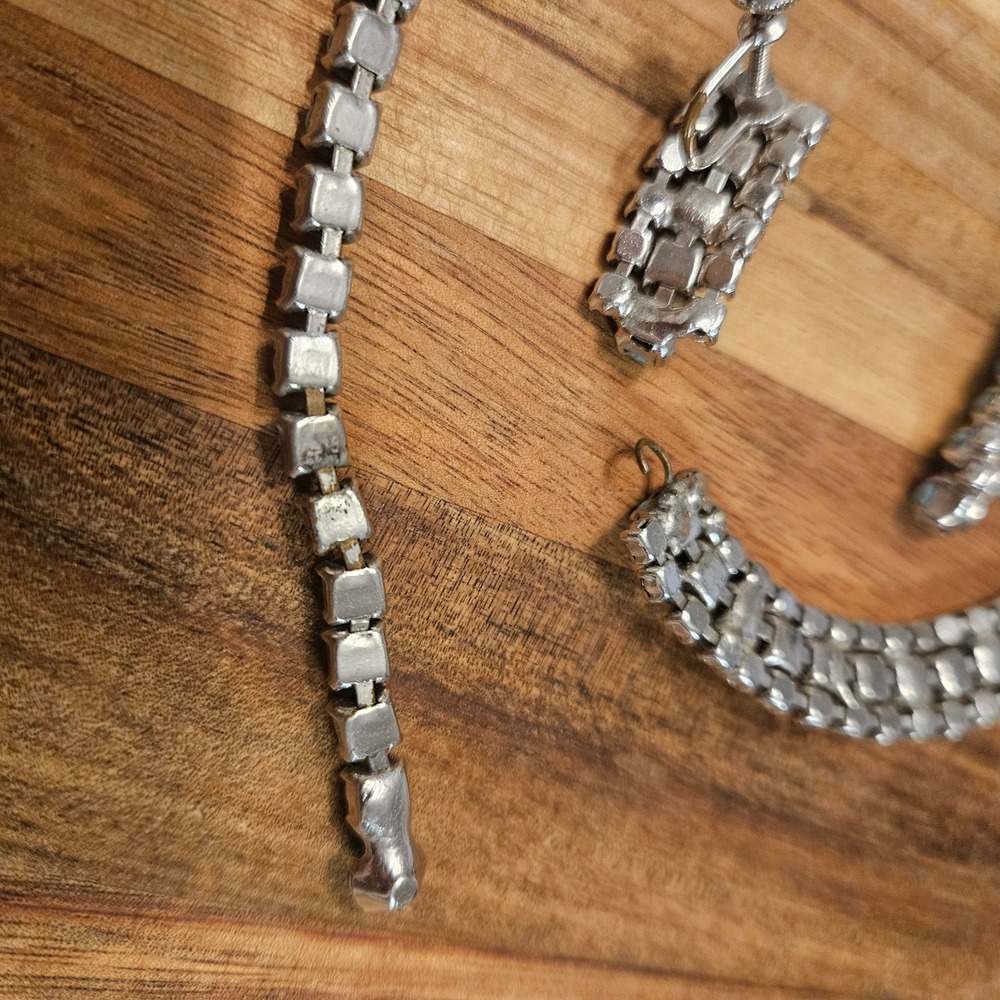Vintage Blue Rhinestone Choker Necklace & Screw-Back Earrings Set 1950s Glam - Picture 7 of 10
